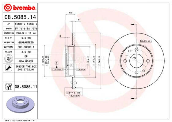 Kočioni disk Brembo za Lancia Ypsilon od 1995. do 2003. god.