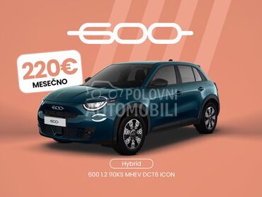 Fiat 600 100 MHEV DCT6 ICON, 21.890 €, 2025. Džip/SUV, Hibridni pogon (benzin) | 1199 cm3, 0 km, 81kW (110 KS), Automatski / poluautomatski, 4/5 vrata, 5 sedišta, Subotica
